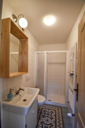 a bathroom with a sink and a toilet and a shower at Resort Zajíci ze Zaječí in Zaječí