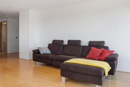 a living room with a brown couch with colorful pillows at Ferienwohnung Böhler in Doren