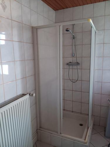 La salle de bains est pourvue d'une cabine de douche et de carrelage blanc. dans l'établissement Entre sarre et albe chez stelvia, à Sarralbe