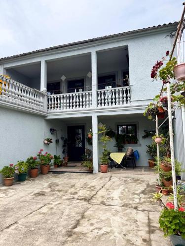 a white house with a balcony and potted plants at Villa Kosmopoliten in K'obulet'i