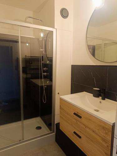 a bathroom with a shower and a sink and a mirror at Le 408 des pistes in La Bresse