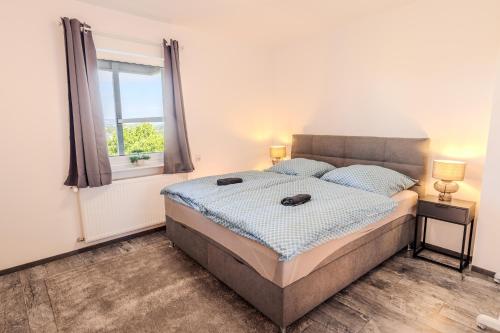 a bedroom with a large bed with a window at Rhein-Lodge in Urbar-Mayen-Koblenz