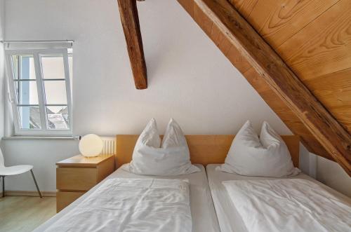 a bedroom with two beds with white pillows at Escasa Ferienwohnungen in Heiligenberg