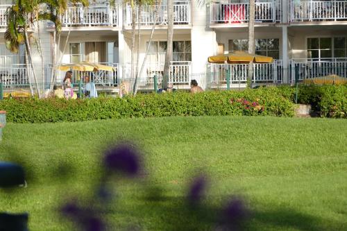 a building with umbrellas and people sitting in the grass at PIERRE & VACANCES Tobago 24 in Sainte-Luce