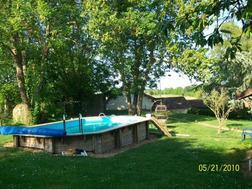 - une piscine dans une cour avec un arbre dans l'établissement Propriété 15mn du circuit des 24h, avec piscine et spa, à La Bazoge