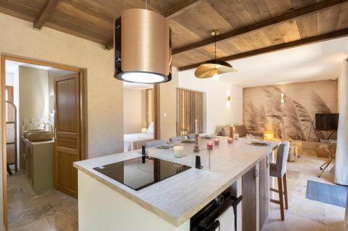 - une cuisine avec une grande île dans une chambre dans l'établissement Mas 9 Romanin - Mas Provençal Familial, à Saint-Rémy-de-Provence