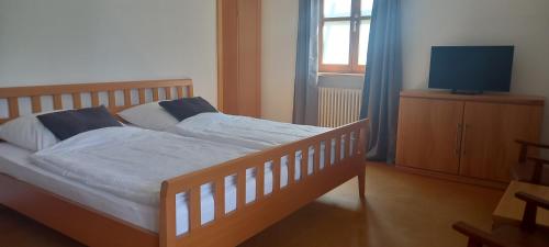 a bedroom with a bed and a tv and a window at Goldsteig 3 - Doppelzimmer in Windischeschenbach