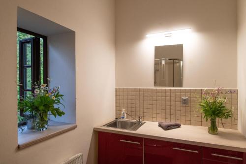 a bathroom with a sink and a mirror at PENZION "Pivovar" KLUGE - Jedinečné ubytování v areálu bývalého pivovaru in Rudník