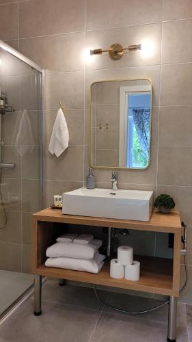 a bathroom with a sink and a mirror at Villa MaVi Guesthouse in Maenza