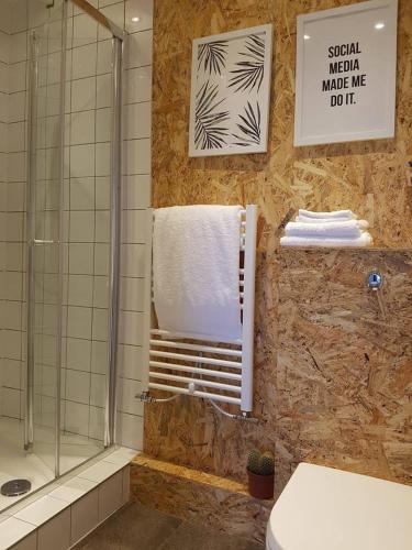 a bathroom with a shower and a toilet and a towel at Grain Store Cottage in Narberth