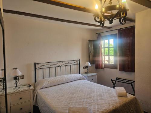a bedroom with a bed and a chandelier and a window at Hosteria Real de Zamora in Zamora