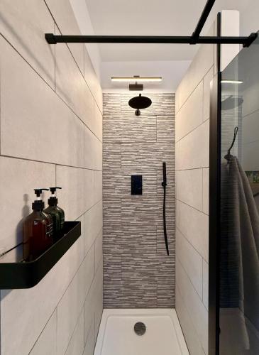 a bathroom with a shower with a toilet and a sink at Luxury Garden Flat by the Sea, Captains Quarters in Sheringham