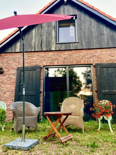 a picnic table and chairs in front of a house at Natuurhuis Marke Lemselo 80 m2 in Weerselo