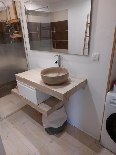un bagno con un lavandino e uno specchio su un bancone di Maison à la campagne a Beyssac