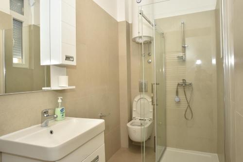 a bathroom with a toilet and a sink and a shower at mir rooms and apartments in Belgrade