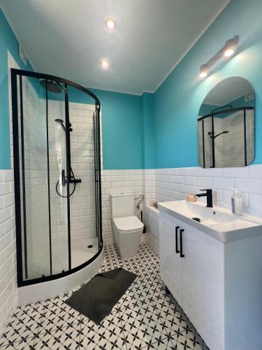 a bathroom with a shower and a sink and a toilet at Dom Malinowy Stok in Skoszyn Nowy
