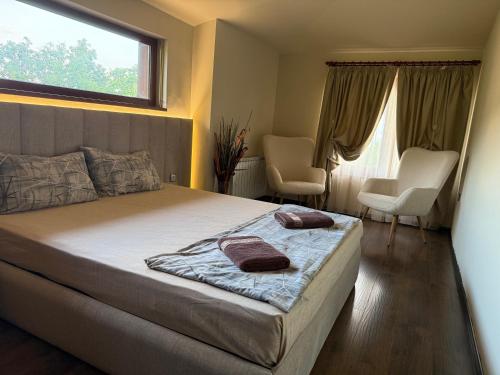 a bedroom with a bed with two chairs and a window at Къщата на тати in Garmen
