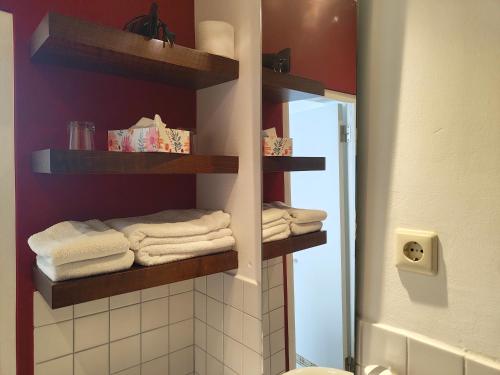 a bathroom with shelves with towels and a mirror at WHLIVING - Apartments & Studios in Konstanz in Konstanz
