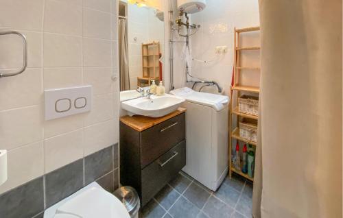 a bathroom with a sink and a toilet and a mirror at 3 Bedroom Awesome Home In Kalmar in Böda