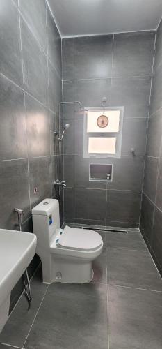 a bathroom with a toilet and a sink at Hasik Beachfront Apartments in Ḩaḑbaram