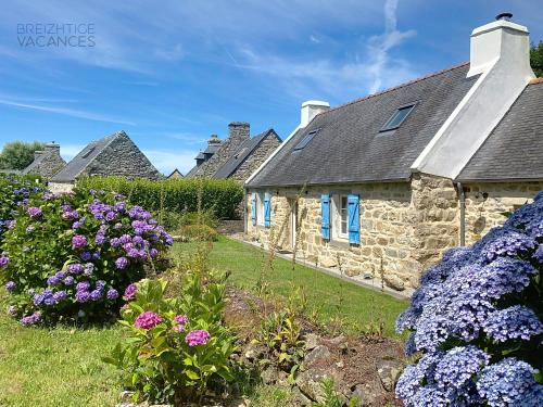 une maison en pierre avec des fenêtres bleues et des fleurs dans l'établissement Penty Ty Gwen (Cap de la Chèvre), à Crozon