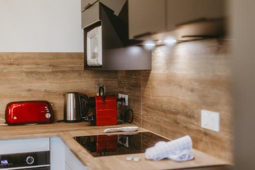 une cuisine avec un comptoir et un appareil rouge dans l'établissement Appartement T3, spacieux, climatisé, cosy, à Bassens
