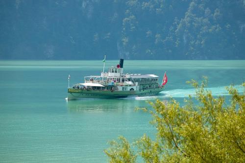 a large boat on a large body of water at Heidi - Direct lake view in Brienz