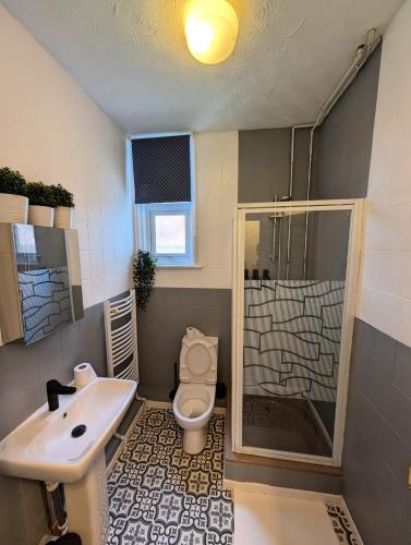 a bathroom with a sink and a toilet and a shower at Deskie House in Newcastle upon Tyne