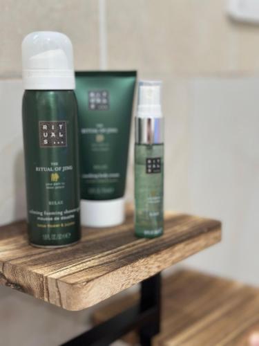 two bottles of hair products sitting on a wooden shelf at Borsh Village Nest in Borsh