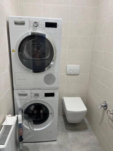 a washing machine in a bathroom with a toilet at The Central Collection Apartments in Chişinău