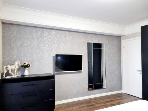 a living room with a tv on a wall at The Central Collection Apartments in Chişinău