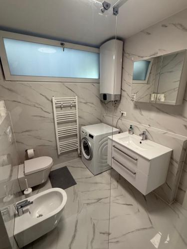 a bathroom with a sink and a washing machine at Apartmen ARMINAN 52 TERRACE, POOL FREE PARKING -NOVIGRAD in Novigrad Istria