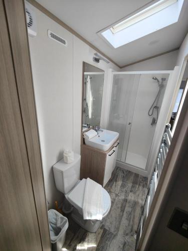 a small bathroom with a toilet and a sink at Honey Bee Lodge With Hot Tub in York