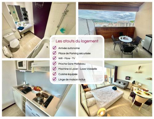 ルルドにある" Escale Closeraie " Balcon - Parking - 4 personnesのキッチンとリビングルームの写真のコラージュ