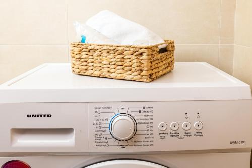 a basket on top of a washing machine at Nelly's Place garden house 1 in Zakharo