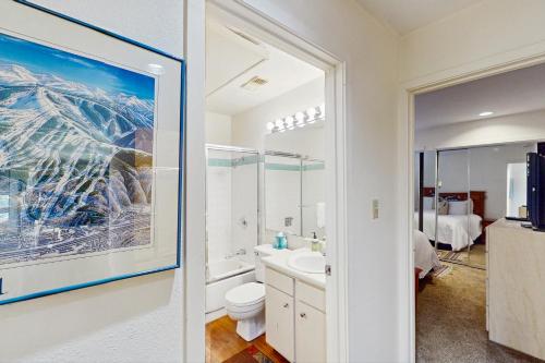 a bathroom with a toilet and a sink at Cozy 1 Bedroom East Vail Condo #2C. Shuttle, Hot Tub, and Market on Site. in Vail
