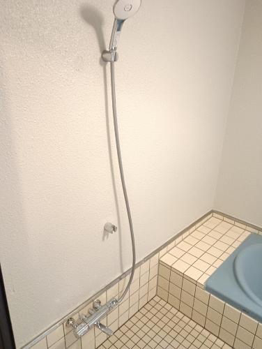 a shower in a bathroom with a blue sink at Yamagata Zao Pension Apron Stage in Kaminoyama