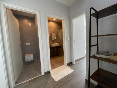 a bathroom with a toilet and a sink and a mirror at Vermont Hub for Offsites, Retreats & Individual Bookings in Alps in Leysin
