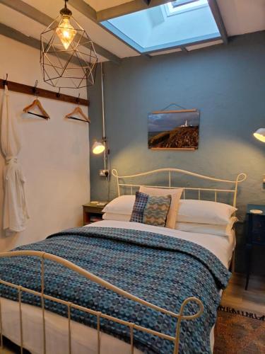 a bedroom with a bed and a skylight at Cattle Shed Cottage in Narberth