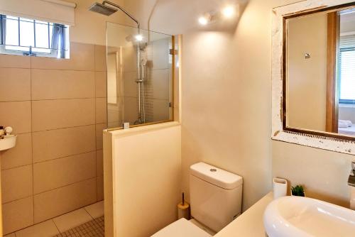 a bathroom with a toilet and a sink and a shower at SG17 Villa Sable Front de Mer in Palmar