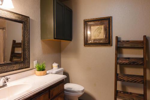 a bathroom with a toilet and a sink and a mirror at Lakefront Captains Quarters - 31 in Mead