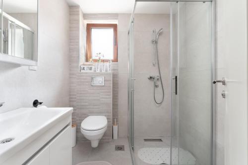 a bathroom with a shower and a toilet and a sink at Duma Apartmani 2 Vrnjačka Banja in Vrnjačka Banja