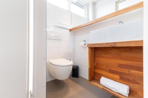 a small bathroom with a toilet and a sink at Boutique Hotel Texel in De Cocksdorp