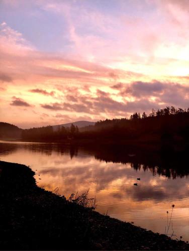 a sunset over a lake with birds in the water at Pozlovice - Apartmán Sisi in Luhačovice