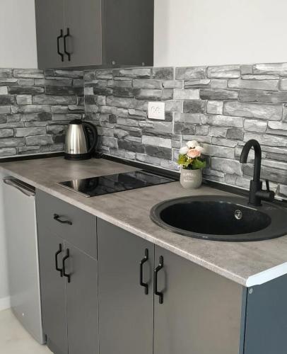 a kitchen with a sink and a brick wall at Gogasar house in Prroshyan