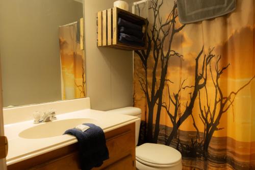 a bathroom with a sink and a toilet and a mirror at Lakeview Room 2 Queens - 20 in Mead