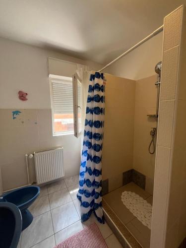 a bathroom with a shower with a blue shower curtain at Azure Dream in Razvala