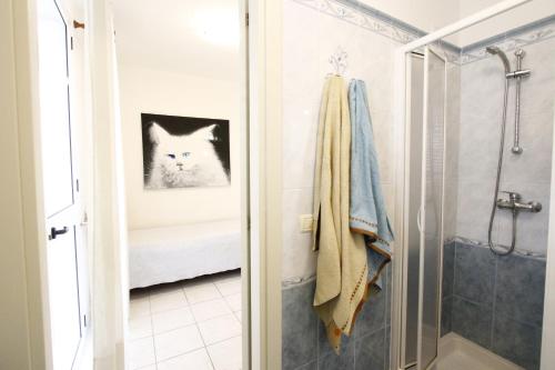 baño con ducha y una foto de un gato en Residence La Villa 303, en Leuca