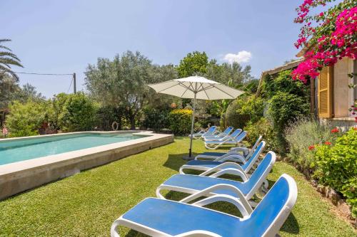 eine Reihe blauer Liegestühle neben einem Pool in der Unterkunft Villa Can Boseta by SunVillas Mallorca in Pollença