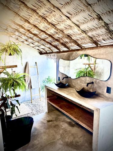 a room with a mirror and a table with a plant at São Francisco Ecopousada in Guriú